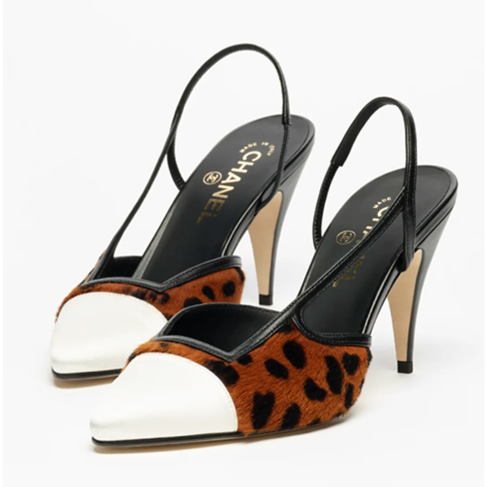 Chanel 26A Brown Leopard Black White Sling CC Gold Logo Slingback Heel Pump 37.5 - Picture 4 of 16